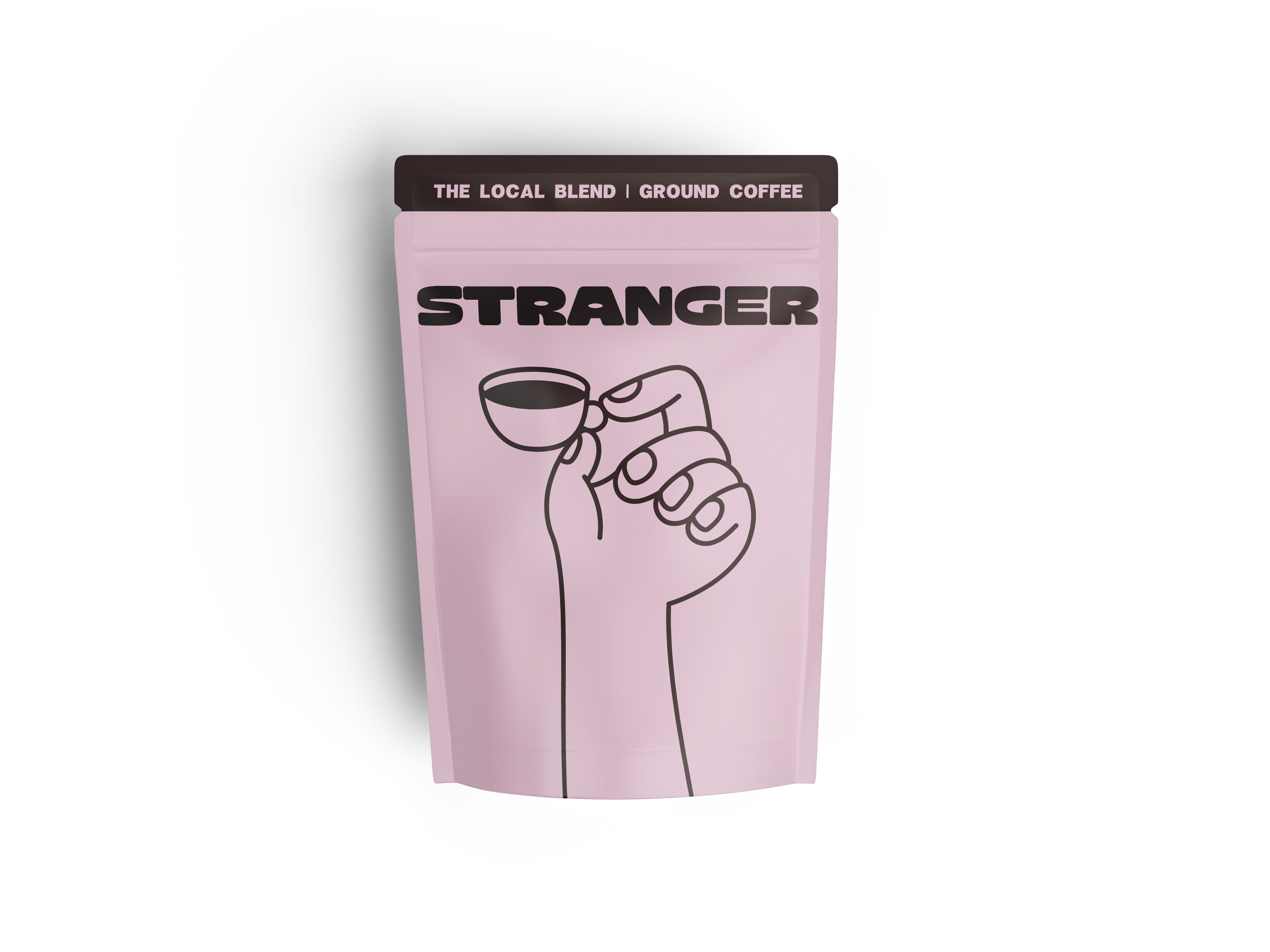 Stranger ground coffee bag next to brewed cup